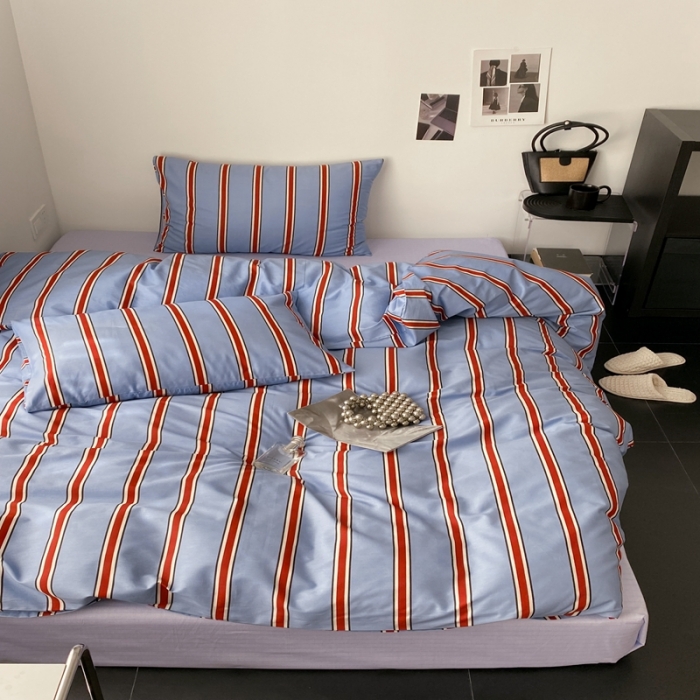 91家纺网 家纺一手货源 找家纺 昔可 2022新款全棉四件套影棚图1 红蓝条