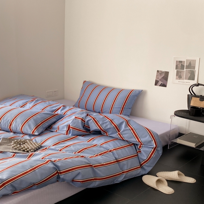 91家纺网 家纺一手货源 找家纺 昔可 2022新款全棉四件套影棚图1 红蓝条