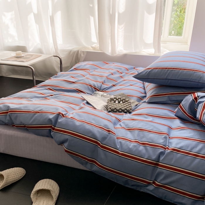 91家纺网 家纺一手货源 找家纺 昔可 2022新款全棉四件套影棚图1 红蓝条