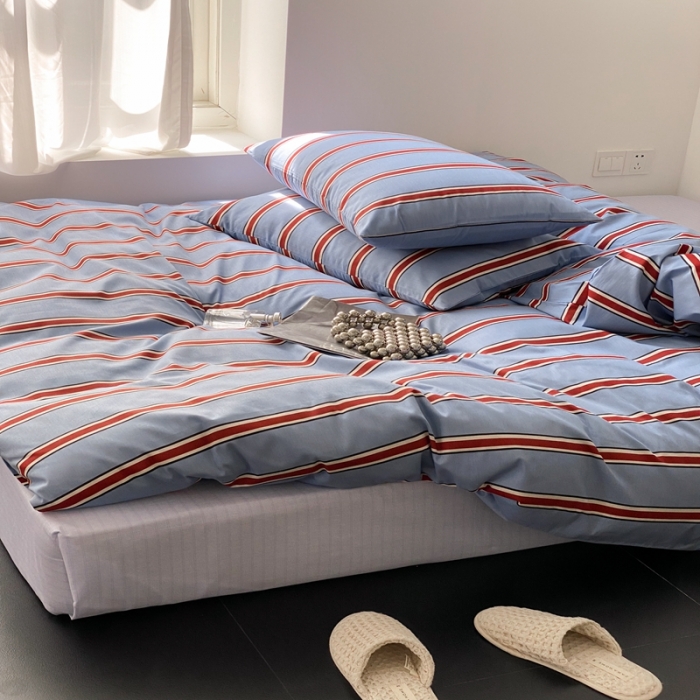 91家纺网 家纺一手货源 找家纺 昔可 2022新款全棉四件套影棚图1 红蓝条