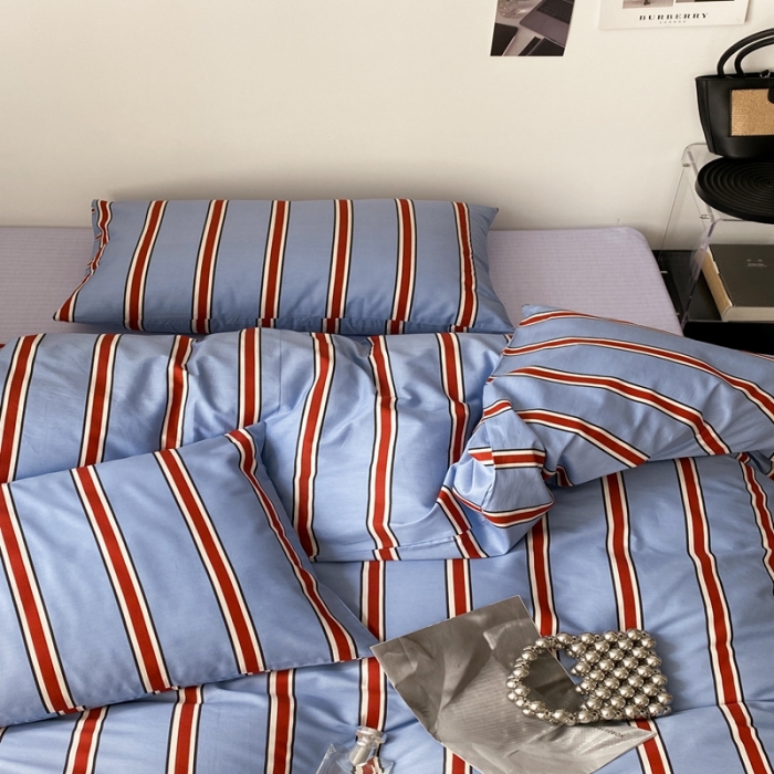91家纺网 家纺一手货源 找家纺 昔可 2022新款全棉四件套影棚图1 红蓝条
