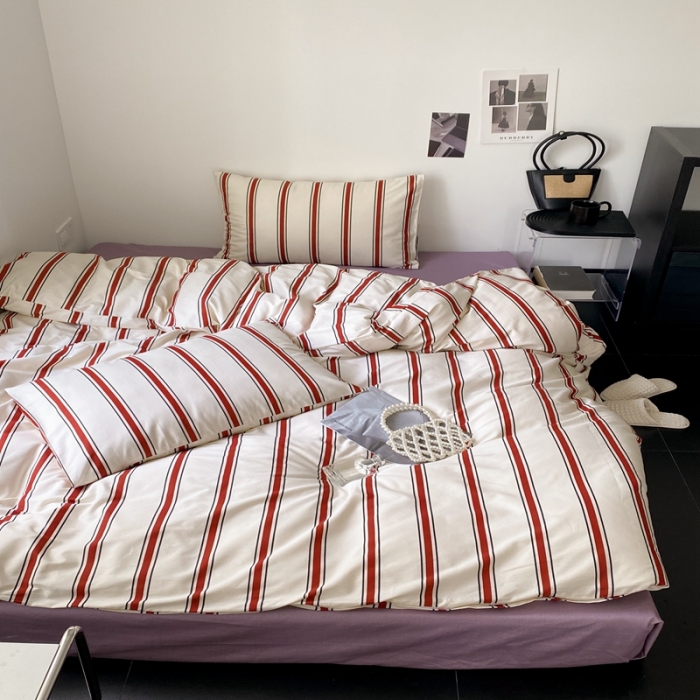 91家纺网 家纺一手货源 找家纺 昔可 2022新款全棉四件套影棚图1 红竖条