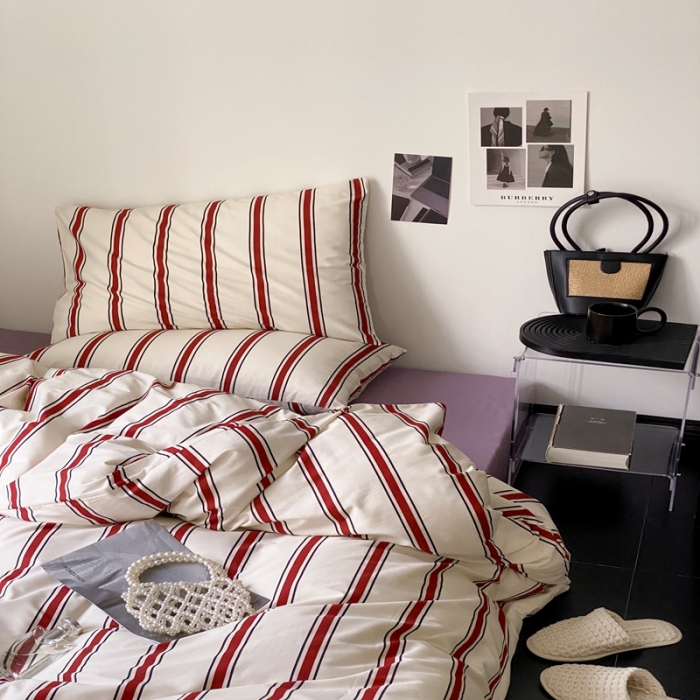 91家纺网 家纺一手货源 找家纺 昔可 2022新款全棉四件套影棚图1 红竖条