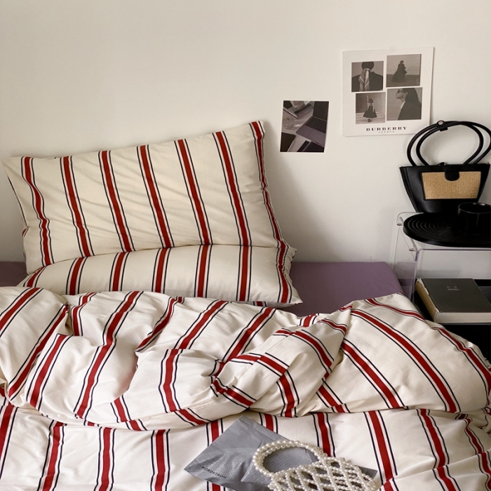 91家纺网 家纺一手货源 找家纺 昔可 2022新款全棉四件套影棚图1 红竖条