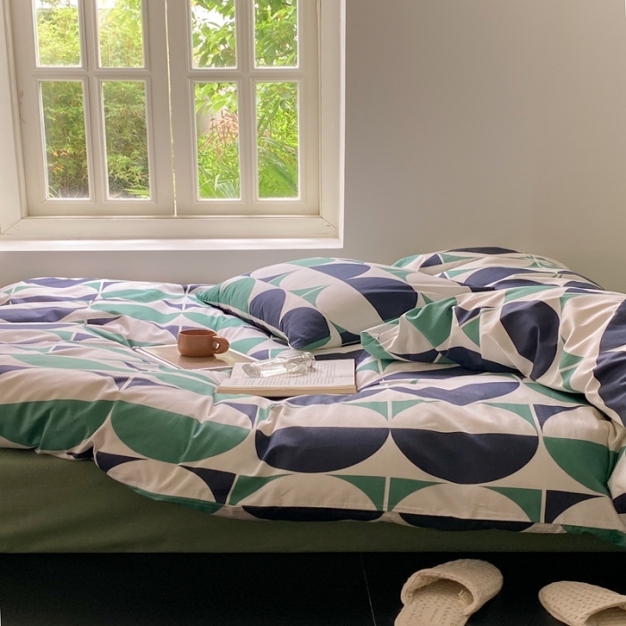 91家纺网 家纺一手货源 找家纺 昔可 2022新款全棉四件套影棚图1 绿色拼接圈