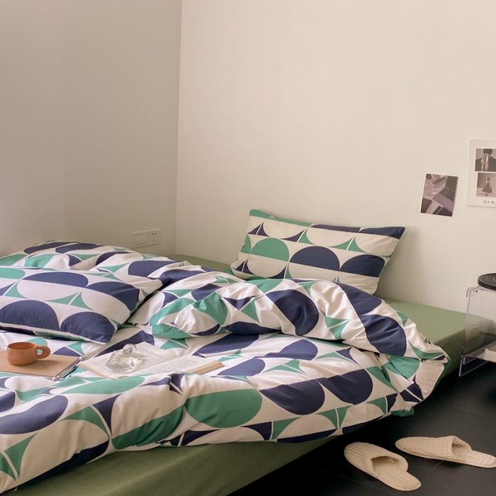 91家纺网 家纺一手货源 找家纺 昔可 2022新款全棉四件套影棚图1 绿色拼接圈