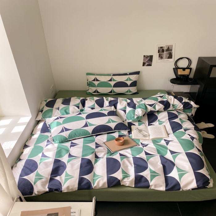 91家纺网 家纺一手货源 找家纺 昔可 2022新款全棉四件套影棚图1 绿色拼接圈