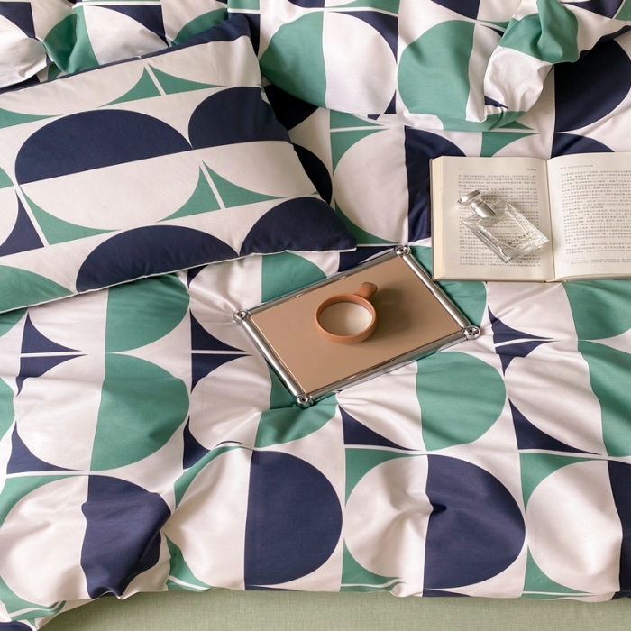 91家纺网 家纺一手货源 找家纺 昔可 2022新款全棉四件套影棚图1 绿色拼接圈