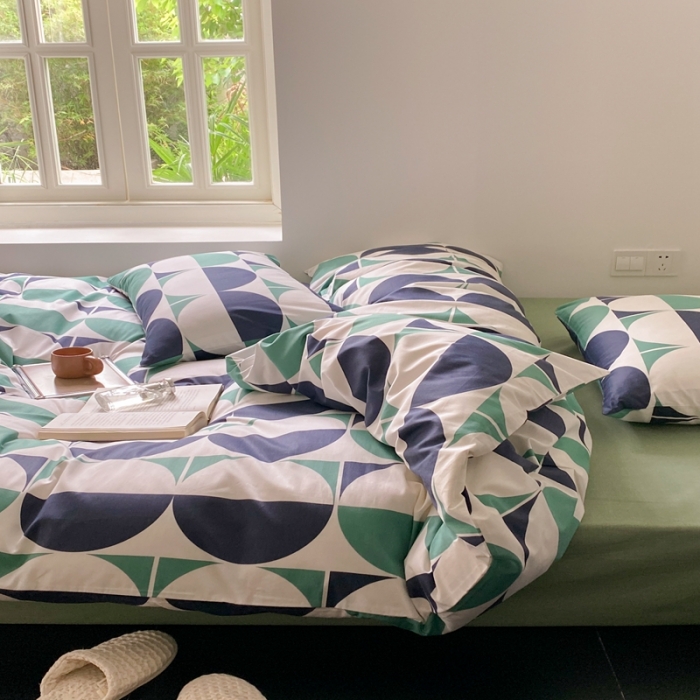 91家纺网 家纺一手货源 找家纺 昔可 2022新款全棉四件套影棚图1 绿色拼接圈