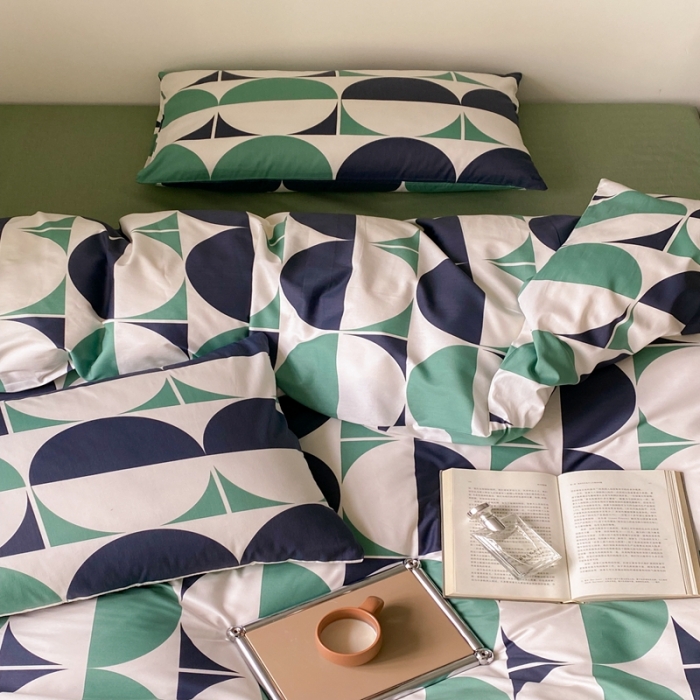 91家纺网 家纺一手货源 找家纺 昔可 2022新款全棉四件套影棚图1 绿色拼接圈