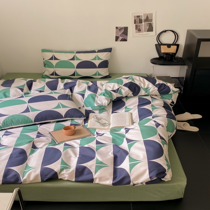 91家纺网 家纺一手货源 找家纺 昔可 2022新款全棉四件套影棚图1 绿色拼接圈