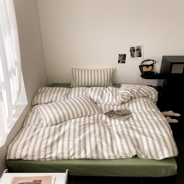 91家纺网 家纺一手货源 找家纺 昔可 2022新款全棉四件套影棚图1 绿竖条