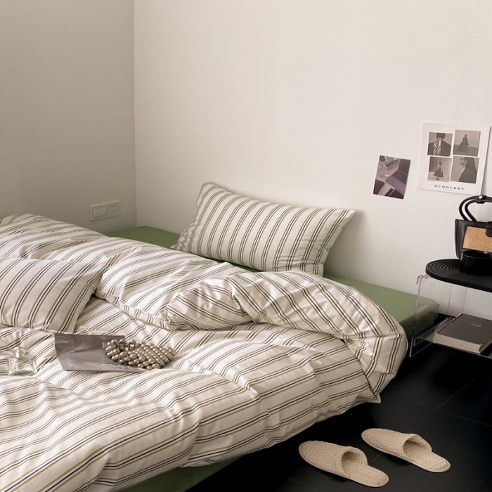 91家纺网 家纺一手货源 找家纺 昔可 2022新款全棉四件套影棚图1 绿竖条