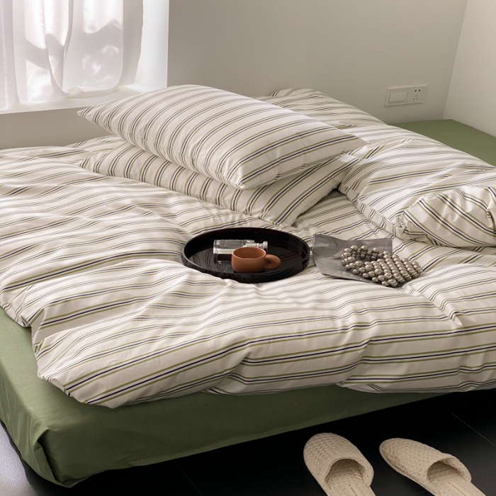 91家纺网 家纺一手货源 找家纺 昔可 2022新款全棉四件套影棚图1 绿竖条