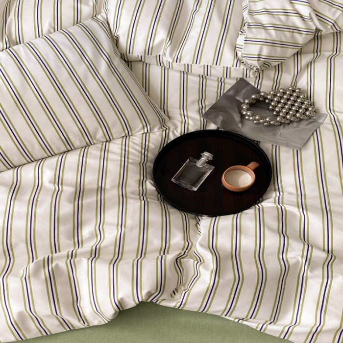 91家纺网 家纺一手货源 找家纺 昔可 2022新款全棉四件套影棚图1 绿竖条