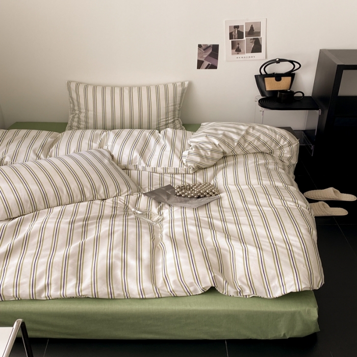 91家纺网 家纺一手货源 找家纺 昔可 2022新款全棉四件套影棚图1 绿竖条