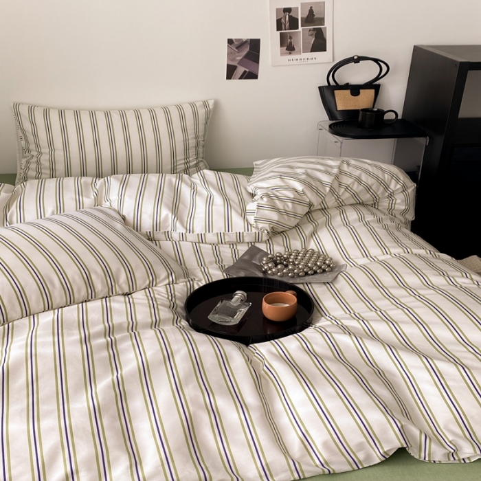 91家纺网 家纺一手货源 找家纺 昔可 2022新款全棉四件套影棚图1 绿竖条