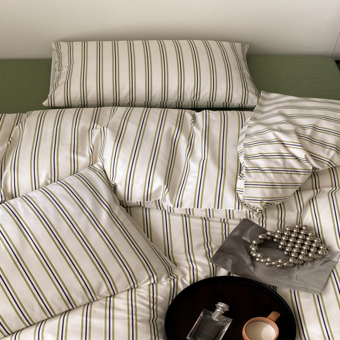 91家纺网 家纺一手货源 找家纺 昔可 2022新款全棉四件套影棚图1 绿竖条