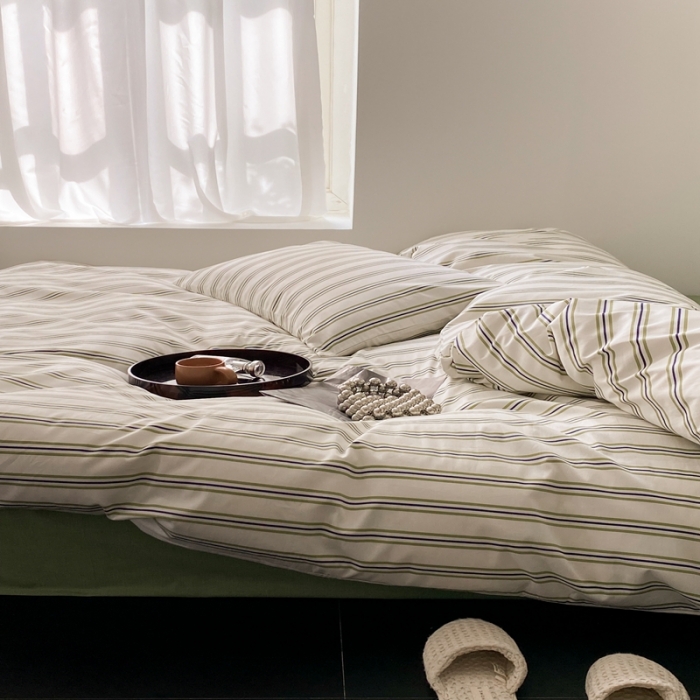 91家纺网 家纺一手货源 找家纺 昔可 2022新款全棉四件套影棚图1 绿竖条