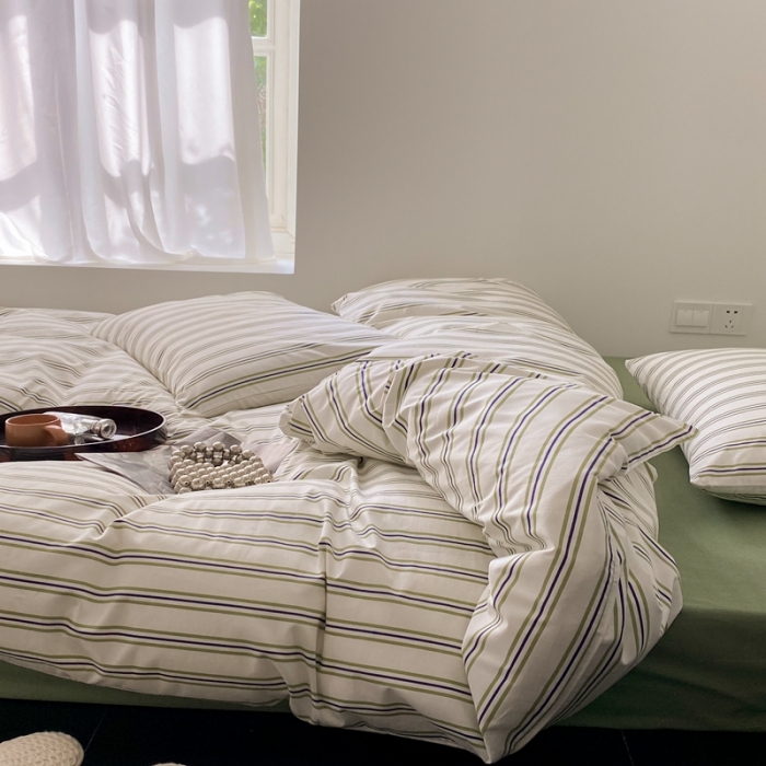 91家纺网 家纺一手货源 找家纺 昔可 2022新款全棉四件套影棚图1 绿竖条