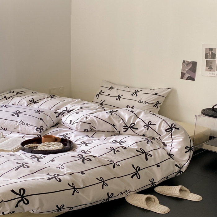 91家纺网 家纺一手货源 找家纺 昔可 2022新款全棉四件套影棚图1 丝带蝴蝶结