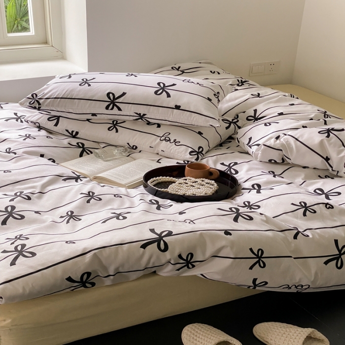 91家纺网 家纺一手货源 找家纺 昔可 2022新款全棉四件套影棚图1 丝带蝴蝶结