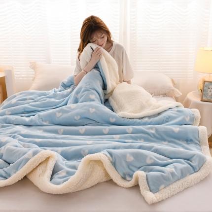 蓝邻家纺 2023新款A版牛奶绒+b版羊羔绒毛毯 蓝色爱心
