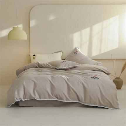 91家纺网 家纺一手货源 找家纺 名品优仓 2023新款水洗棉刺绣四件套-欢惜花 欢惜花-搁浅灰