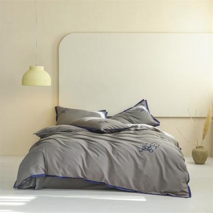 91家纺网 家纺一手货源 找家纺 名品优仓 2023新款水洗棉刺绣四件套-欢惜花 欢惜花-深空灰