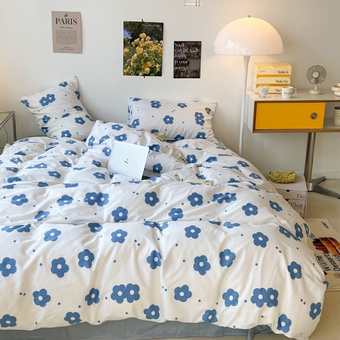 91家纺网 家纺一手货源 找家纺 昔可 2022新款简约花朵四件套 蓝蓝小花
