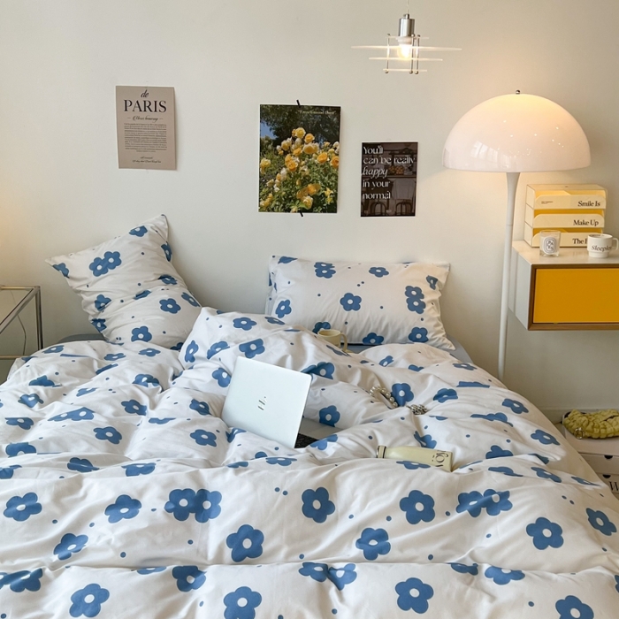 91家纺网 家纺一手货源 找家纺 昔可 2022新款简约花朵四件套 蓝蓝小花