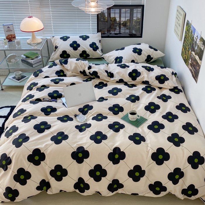 91家纺网 家纺一手货源 找家纺 昔可 2022新款简约花朵四件套 幸运四叶花黑