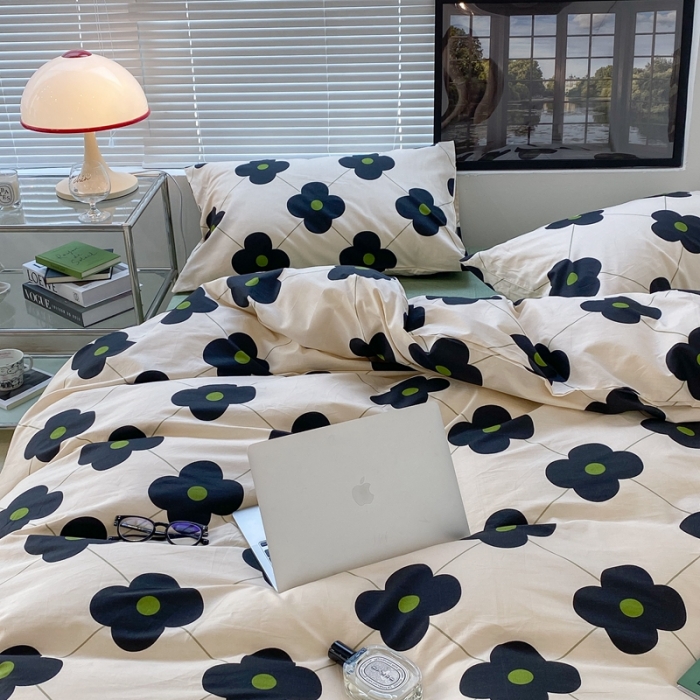 91家纺网 家纺一手货源 找家纺 昔可 2022新款简约花朵四件套 幸运四叶花黑