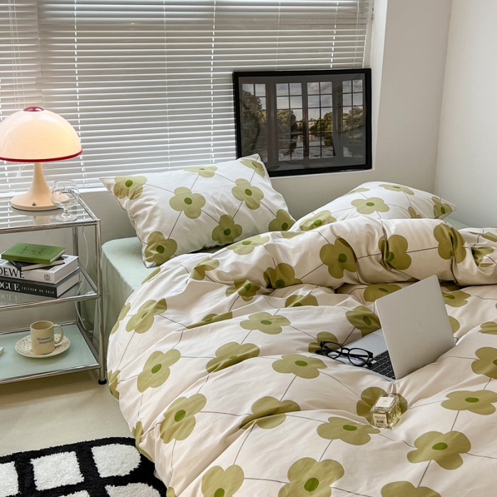 91家纺网 家纺一手货源 找家纺 昔可 2022新款简约花朵四件套 幸运四叶花绿