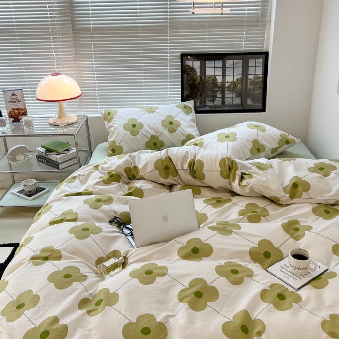 91家纺网 家纺一手货源 找家纺 昔可 2022新款简约花朵四件套 幸运四叶花绿