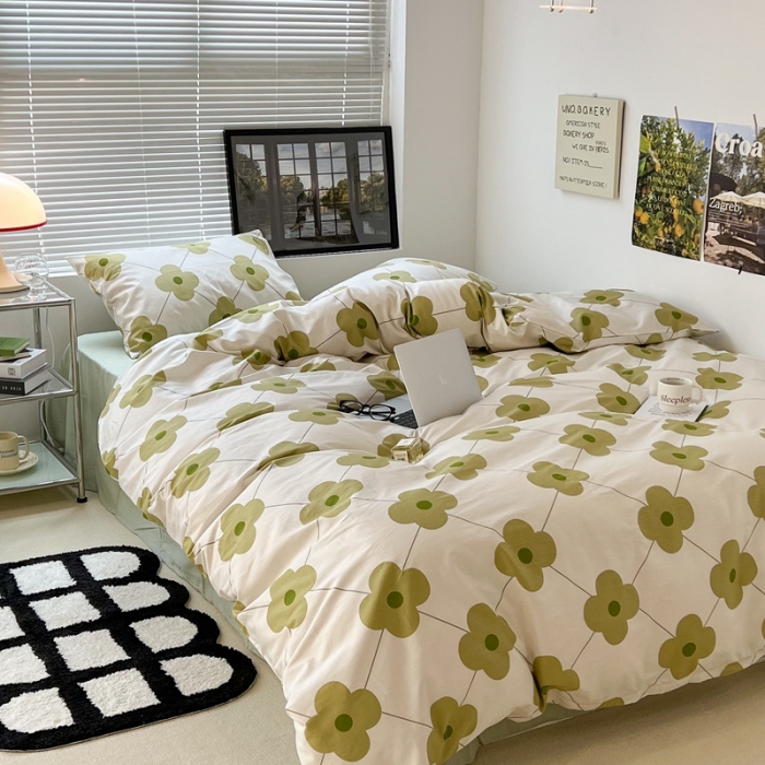 91家纺网 家纺一手货源 找家纺 昔可 2022新款简约花朵四件套 幸运四叶花绿