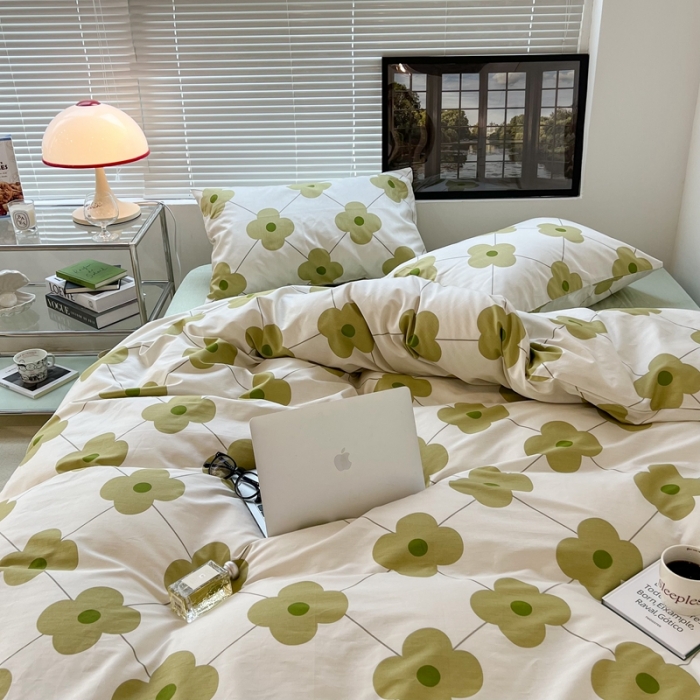 91家纺网 家纺一手货源 找家纺 昔可 2022新款简约花朵四件套 幸运四叶花绿