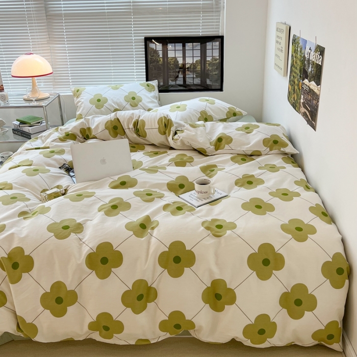 91家纺网 家纺一手货源 找家纺 昔可 2022新款简约花朵四件套 幸运四叶花绿