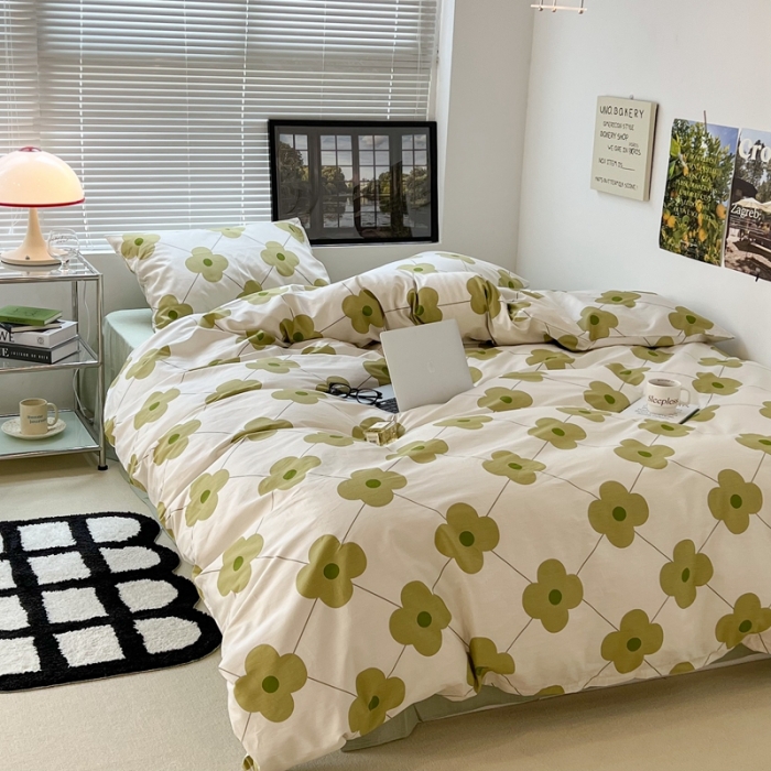 91家纺网 家纺一手货源 找家纺 昔可 2022新款简约花朵四件套 幸运四叶花绿