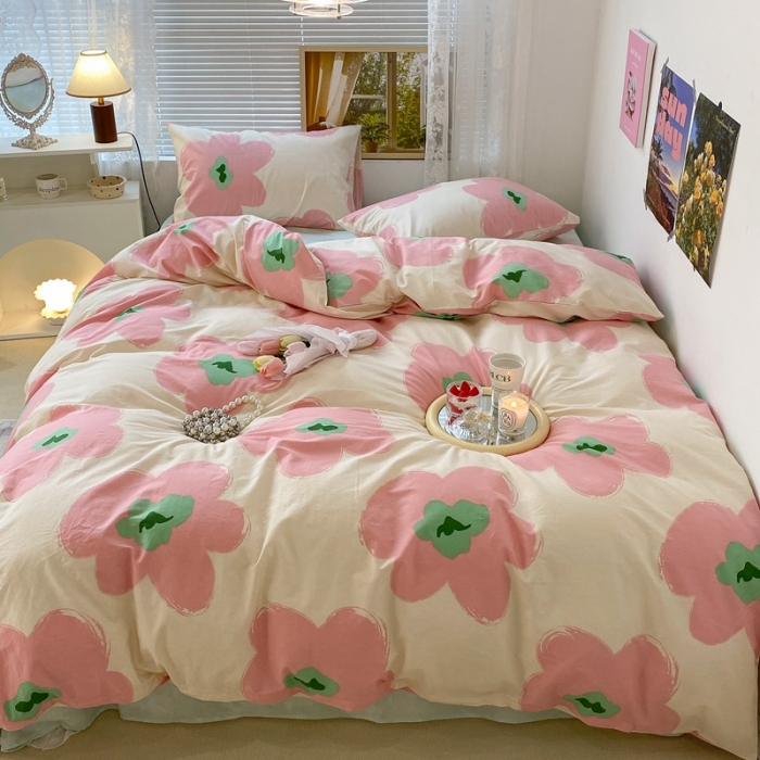 91家纺网 家纺一手货源 找家纺 昔可 2022新款简约花朵四件套 花期半夏粉