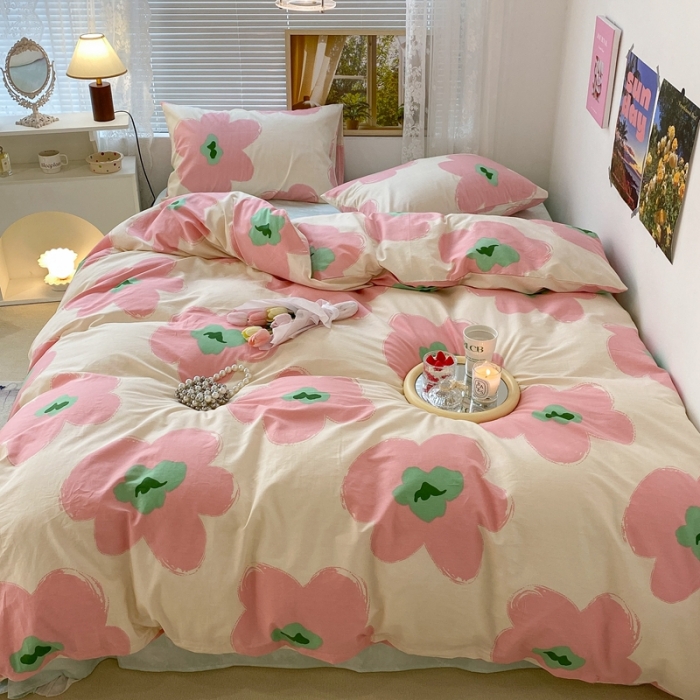 91家纺网 家纺一手货源 找家纺 昔可 2022新款简约花朵四件套 花期半夏粉