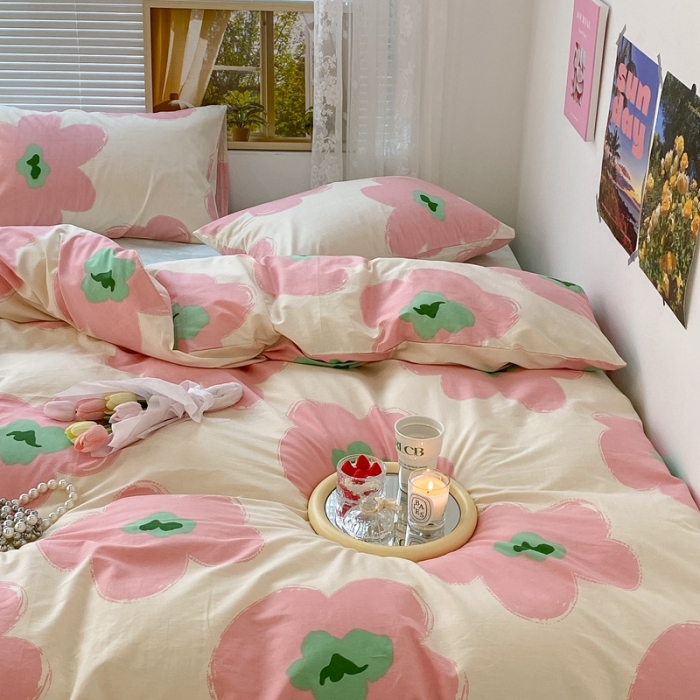 91家纺网 家纺一手货源 找家纺 昔可 2022新款简约花朵四件套 花期半夏粉