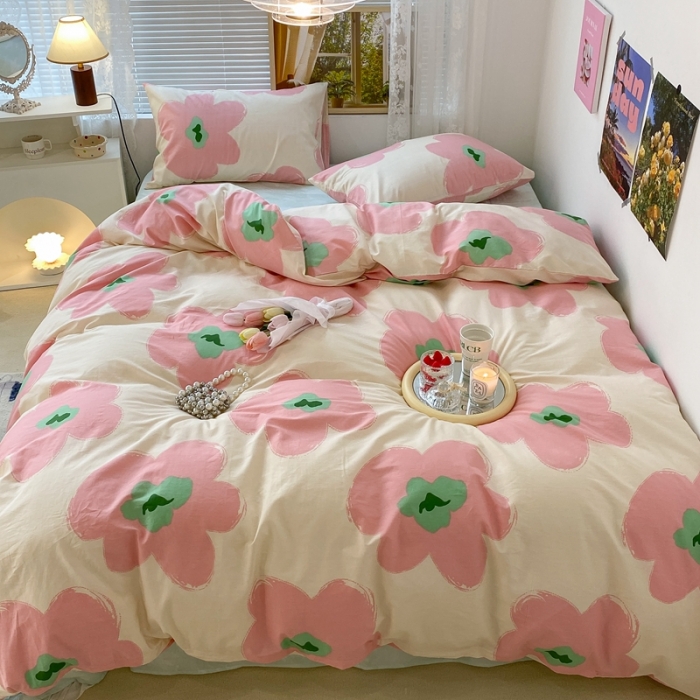 91家纺网 家纺一手货源 找家纺 昔可 2022新款简约花朵四件套 花期半夏粉