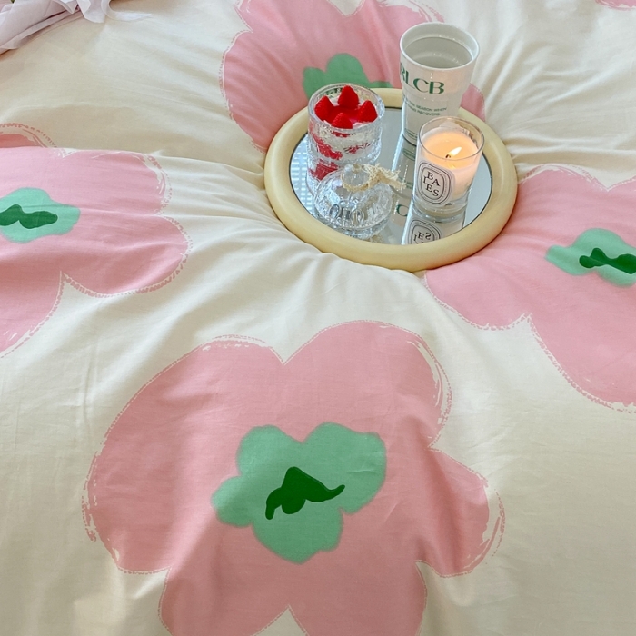 91家纺网 家纺一手货源 找家纺 昔可 2022新款简约花朵四件套 花期半夏粉