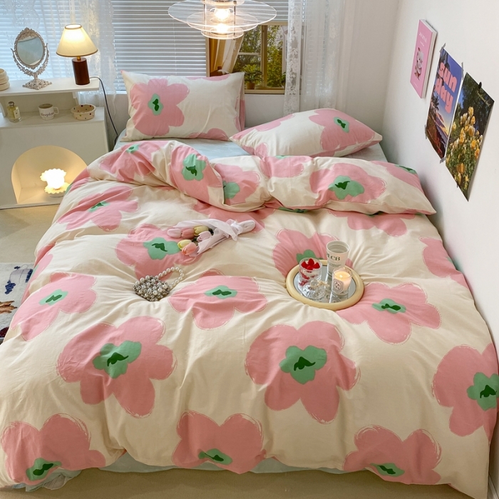 91家纺网 家纺一手货源 找家纺 昔可 2022新款简约花朵四件套 花期半夏粉