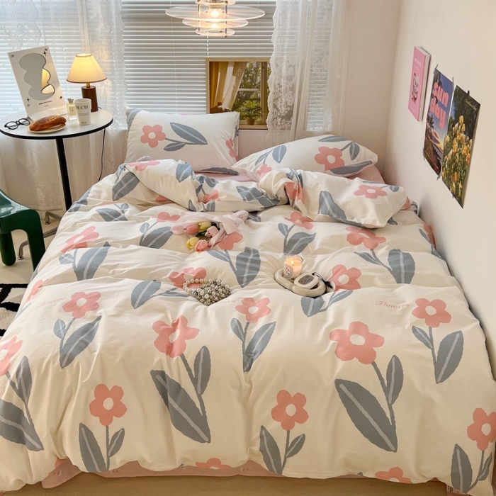 91家纺网 家纺一手货源 找家纺 昔可 2022新款简约花朵四件套 夏日物语粉