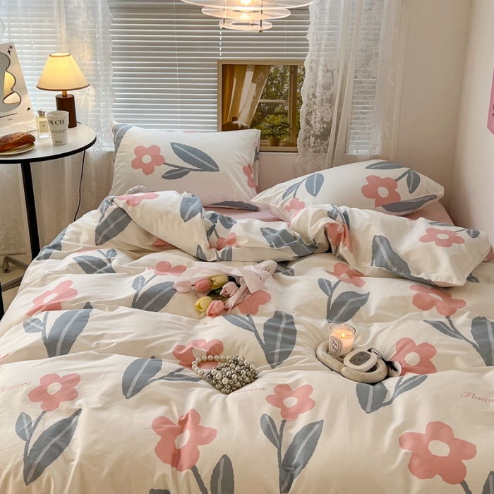 91家纺网 家纺一手货源 找家纺 昔可 2022新款简约花朵四件套 夏日物语粉