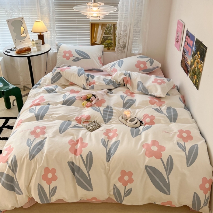 91家纺网 家纺一手货源 找家纺 昔可 2022新款简约花朵四件套 夏日物语粉