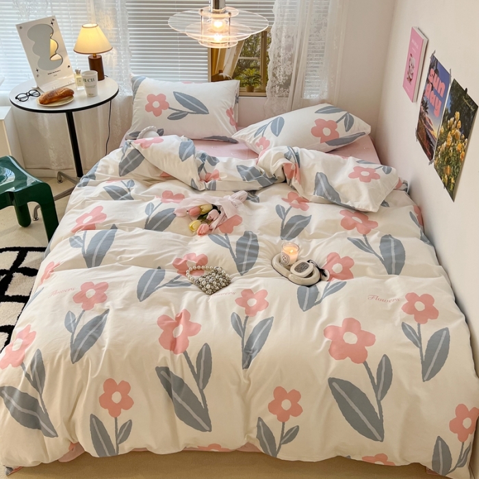 91家纺网 家纺一手货源 找家纺 昔可 2022新款简约花朵四件套 夏日物语粉