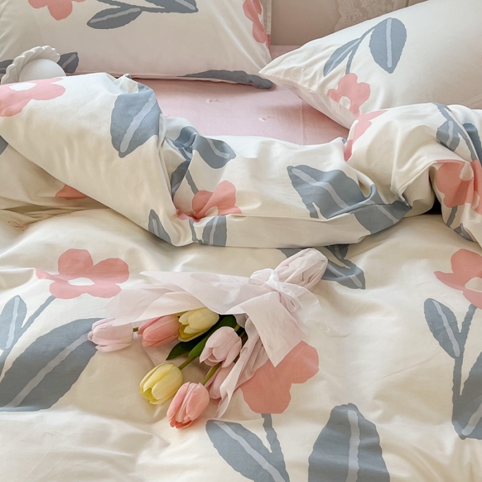 91家纺网 家纺一手货源 找家纺 昔可 2022新款简约花朵四件套 夏日物语粉